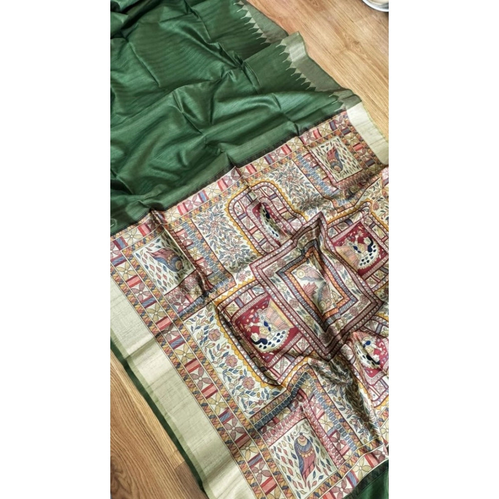 Generic Women's Tussar Silk Madhubani Saree With Unstitched Blouse 5.5MtrÂ (Green)