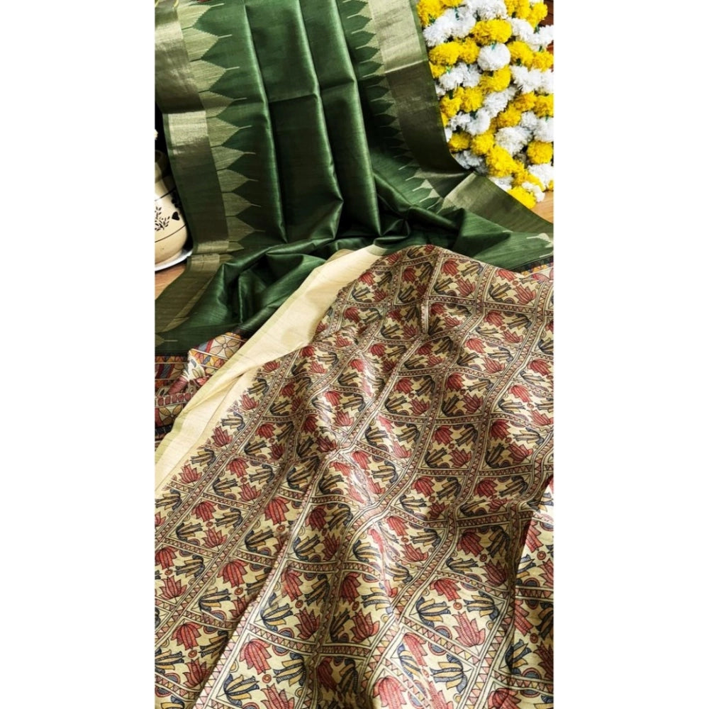 Generic Women's Tussar Silk Madhubani Saree With Unstitched Blouse 5.5MtrÂ (Green)