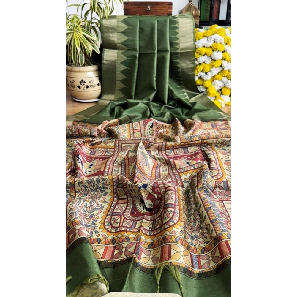 Generic Women's Tussar Silk Madhubani Saree With Unstitched Blouse 5.5MtrÂ (Green)