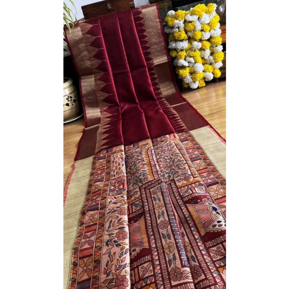 Generic Women's Tussar Silk Madhubani Saree With Unstitched Blouse 5.5MtrÂ (Maroon)