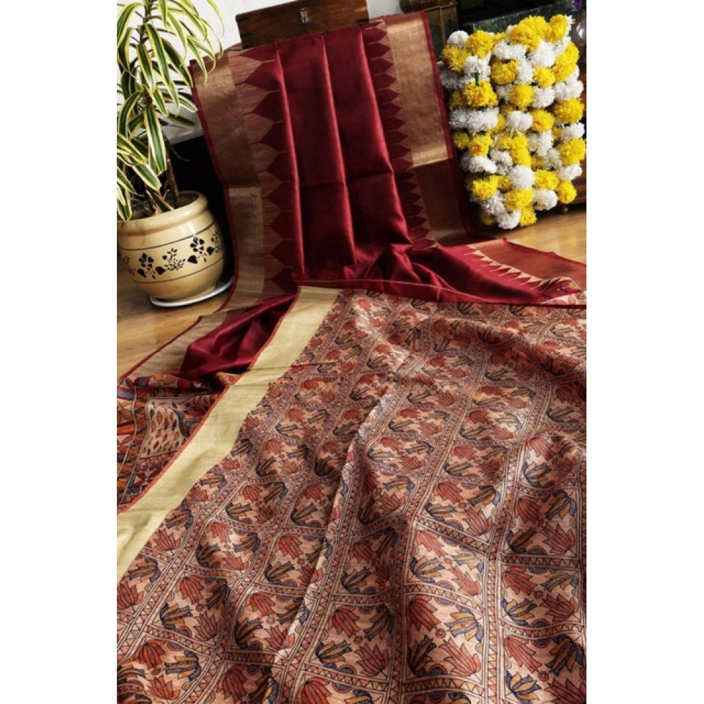 Generic Women's Tussar Silk Madhubani Saree With Unstitched Blouse 5.5MtrÂ (Maroon)