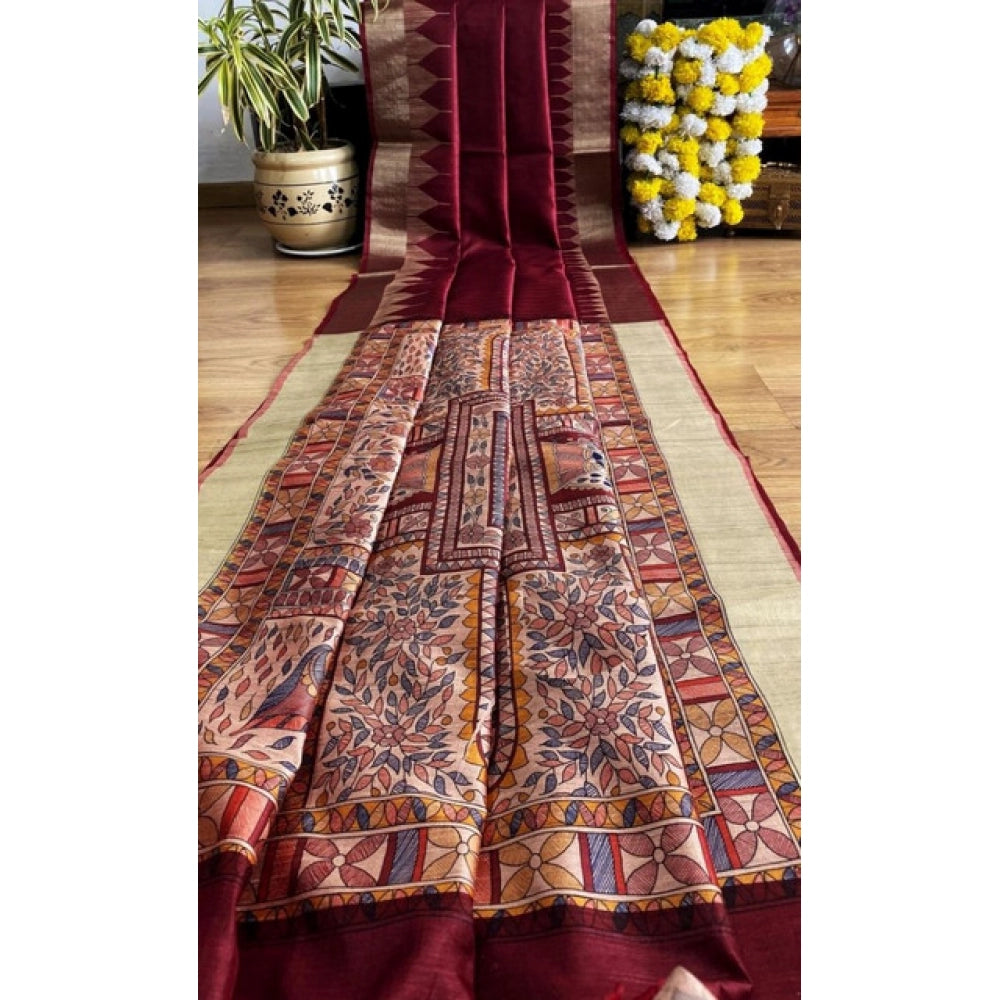 Generic Women's Tussar Silk Madhubani Saree With Unstitched Blouse 5.5MtrÂ (Maroon)