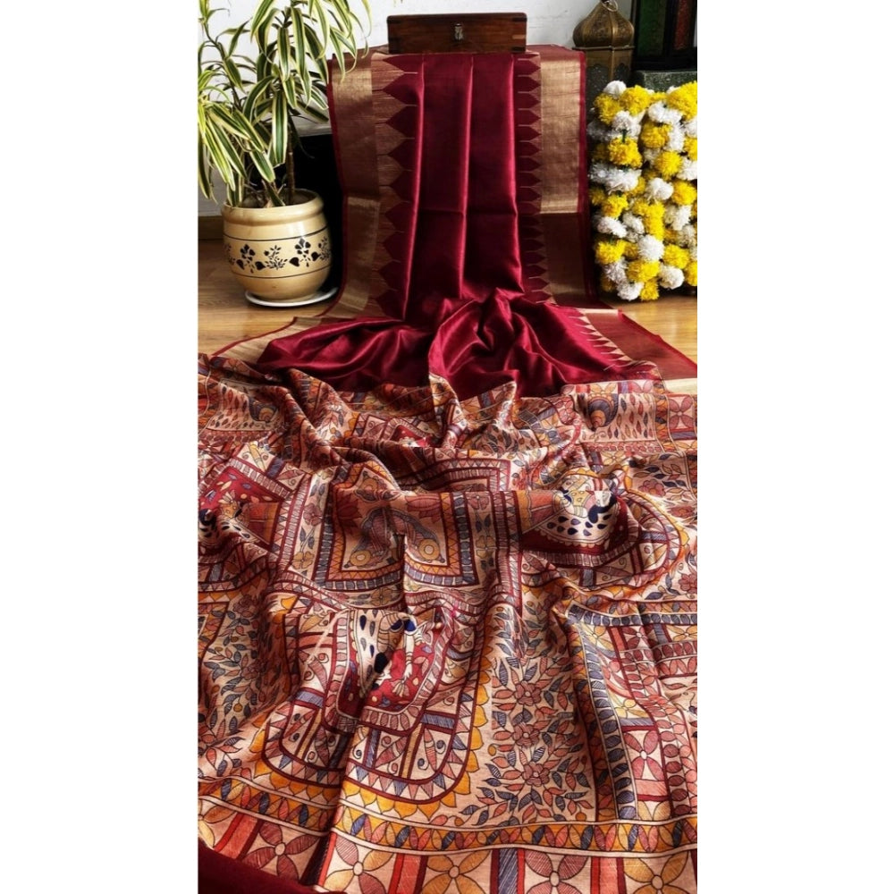 Generic Women's Tussar Silk Madhubani Saree With Unstitched Blouse 5.5MtrÂ (Maroon)