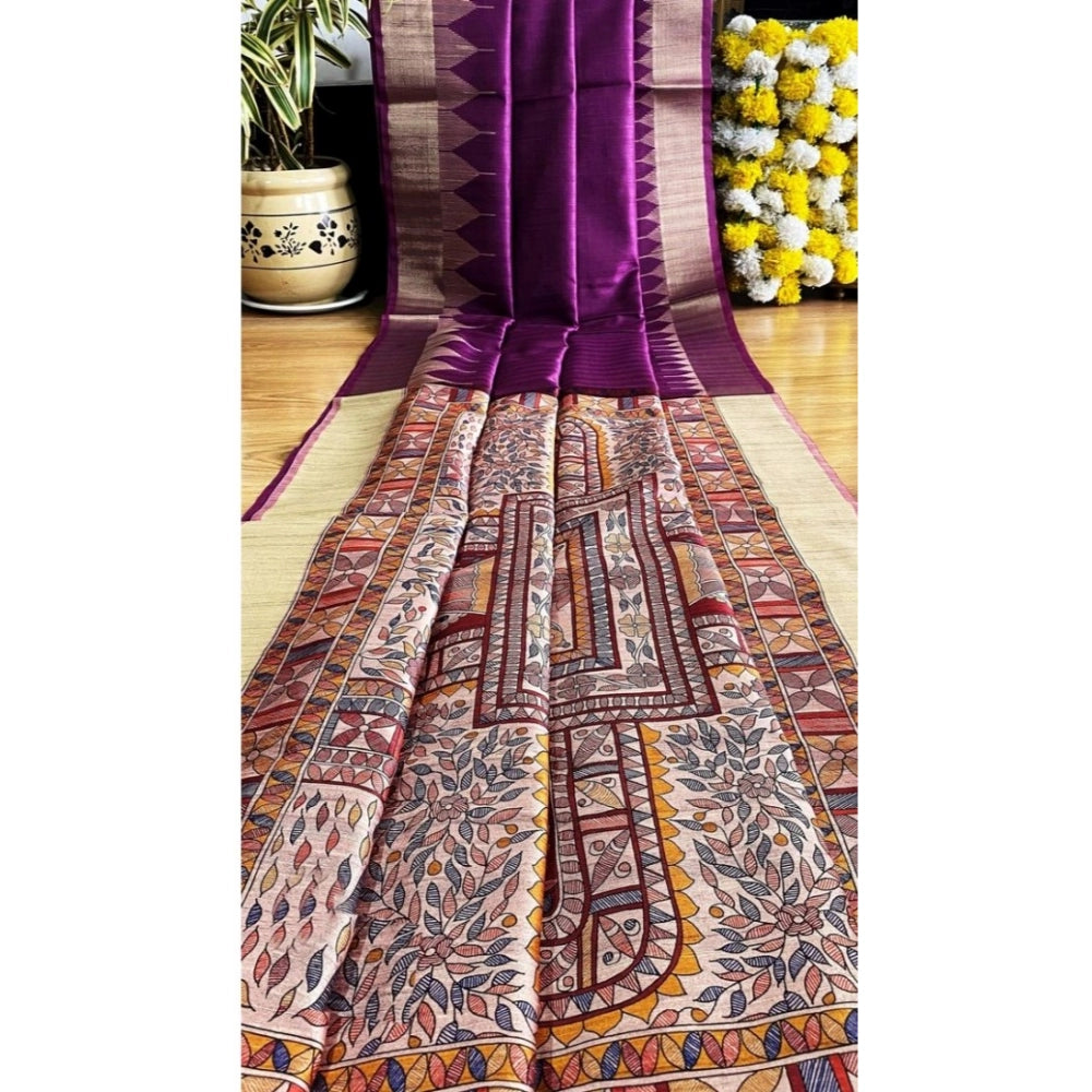 Generic Women's Tussar Silk Madhubani Saree With Unstitched Blouse 5.5MtrÂ (Purple)