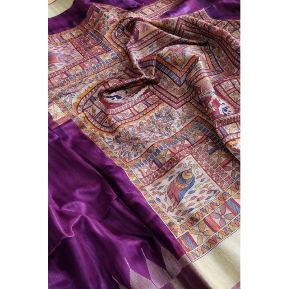 Generic Women's Tussar Silk Madhubani Saree With Unstitched Blouse 5.5MtrÂ (Purple)