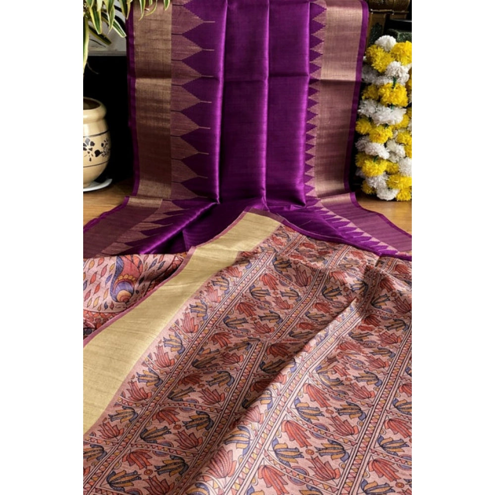 Generic Women's Tussar Silk Madhubani Saree With Unstitched Blouse 5.5MtrÂ (Purple)
