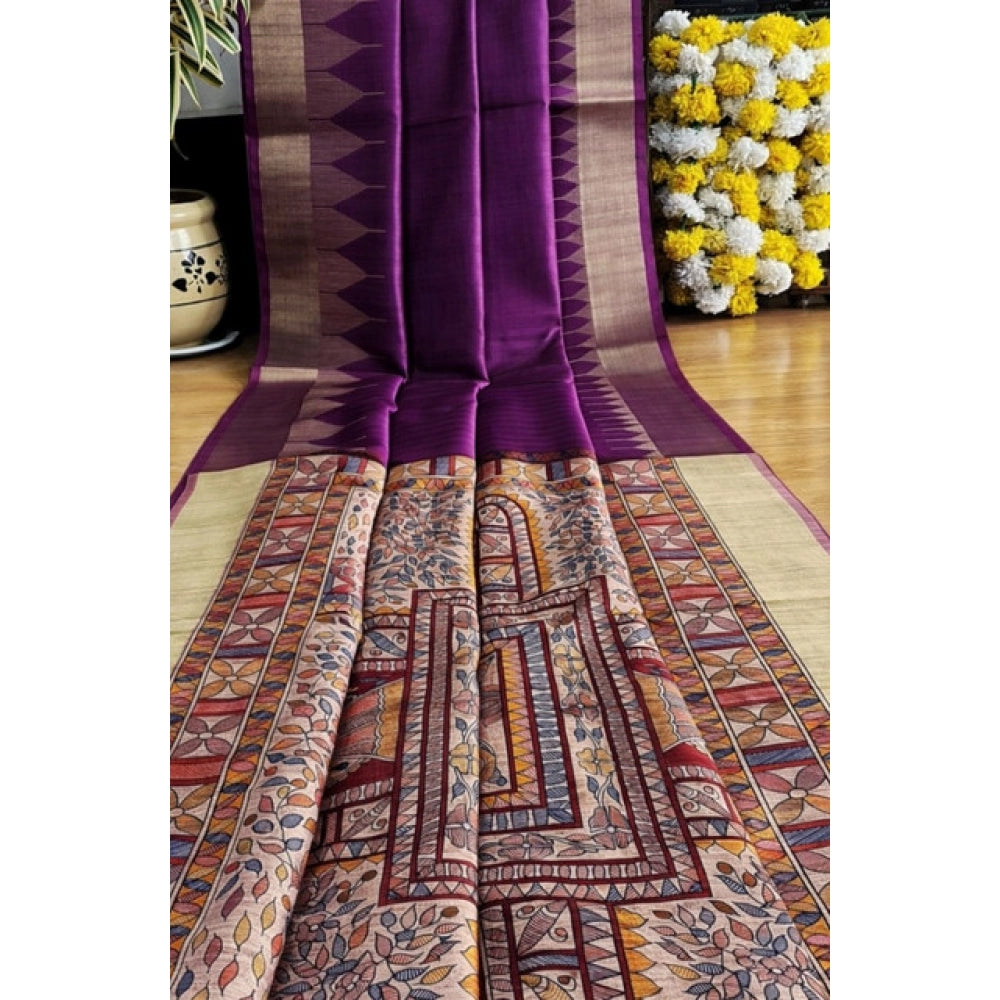 Generic Women's Tussar Silk Madhubani Saree With Unstitched Blouse 5.5MtrÂ (Purple)
