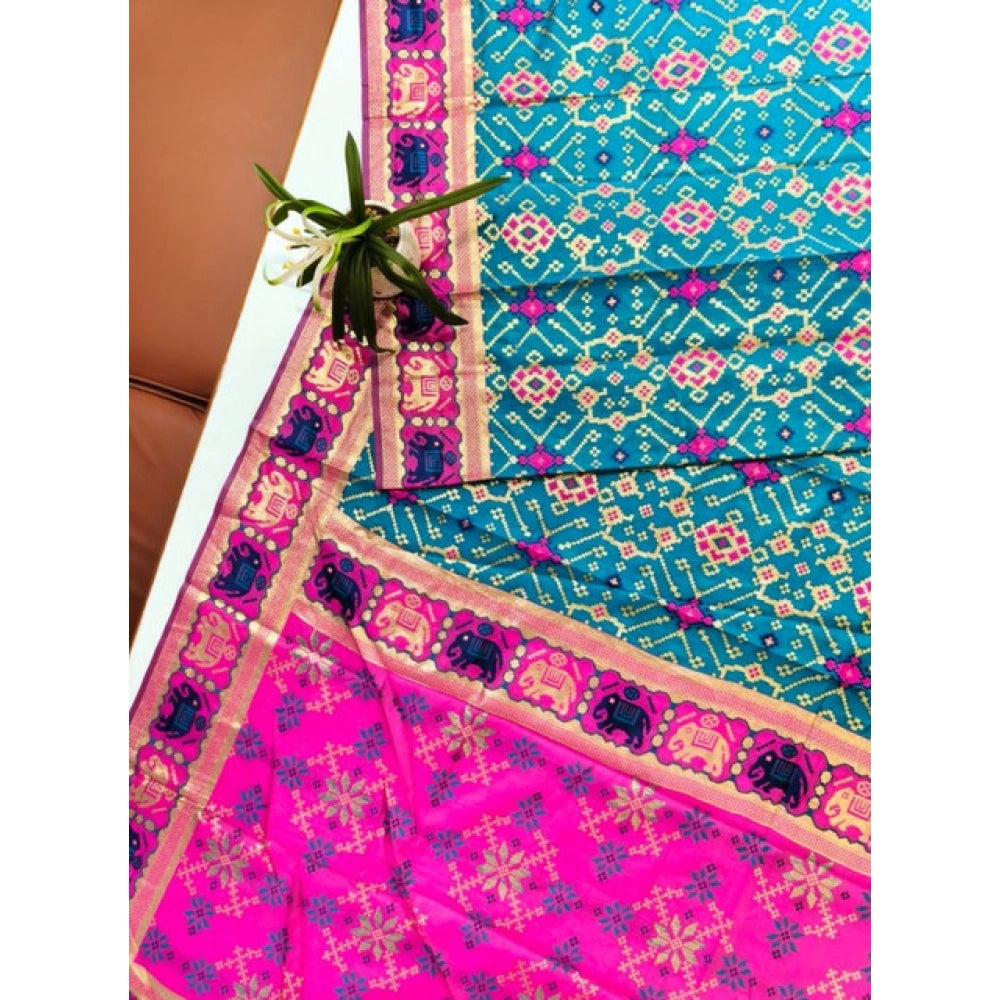 Generic Women's Patola Silk Meena And Zari Woven Saree With Unstitched Blouse 5.5MtrÂ (Blue)