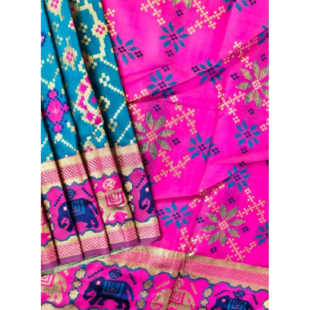 Generic Women's Patola Silk Meena And Zari Woven Saree With Unstitched Blouse 5.5MtrÂ (Blue)