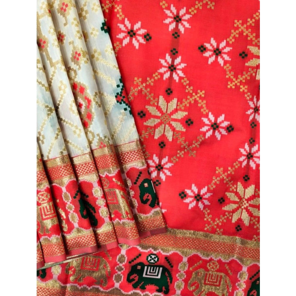 Generic Women's Patola Silk Meena And Zari Woven Saree With Unstitched Blouse 5.5MtrÂ (White)