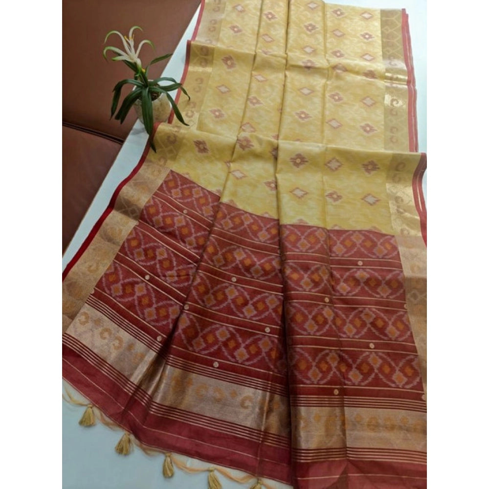 Generic Women's Raw Silk Ikkat Saree With Unstitched Blouse 5.5MtrÂ (Beige)