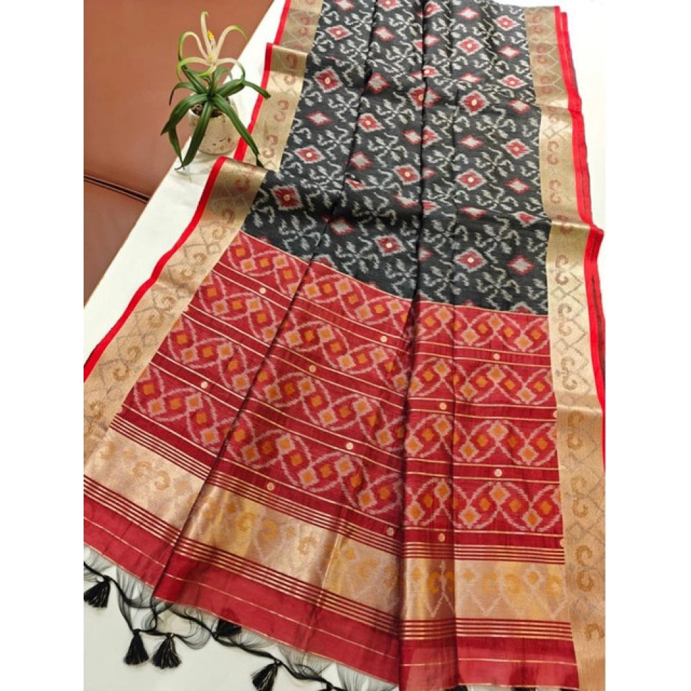 Generic Women's Raw Silk Ikkat Saree With Unstitched Blouse 5.5MtrÂ (Black)