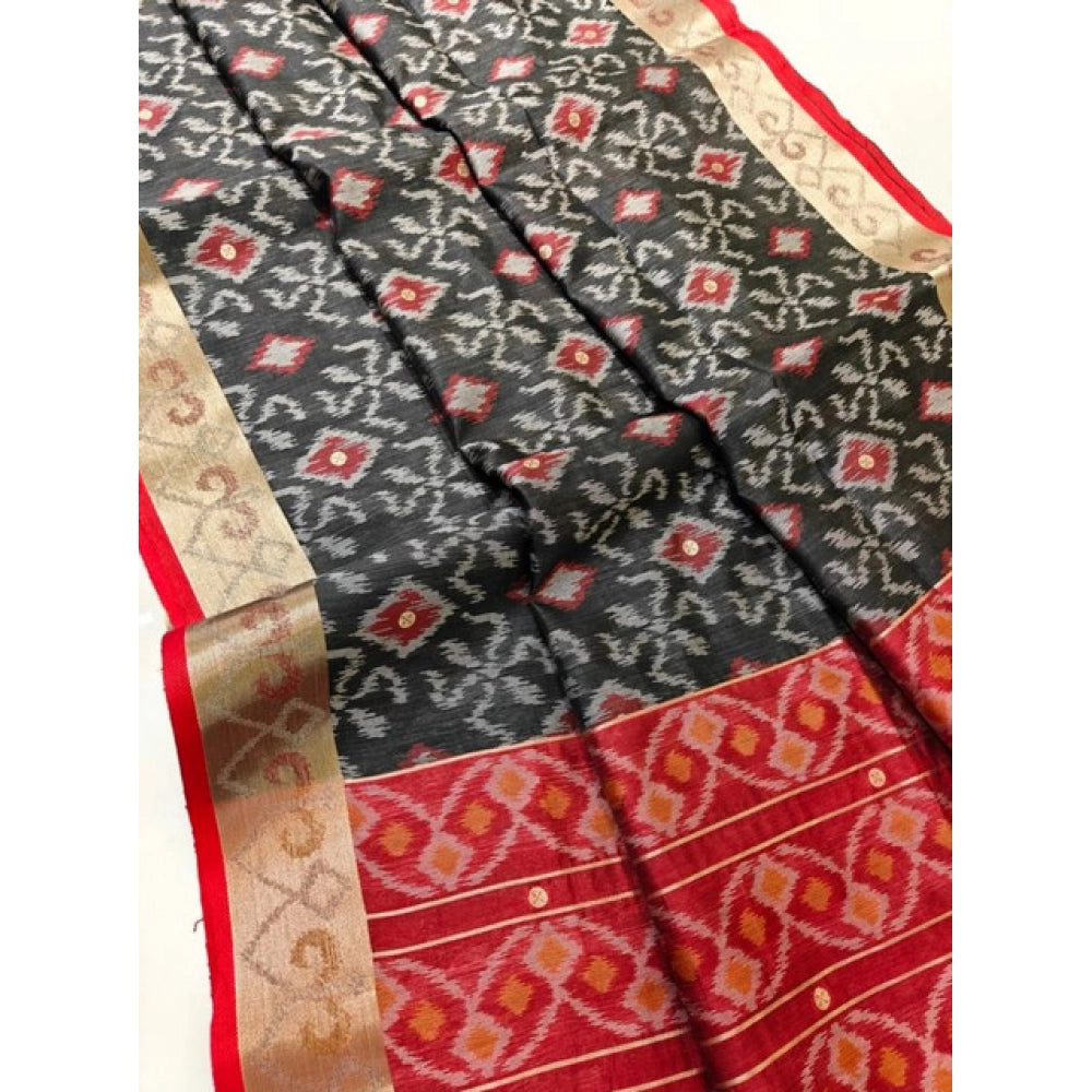 Generic Women's Raw Silk Ikkat Saree With Unstitched Blouse 5.5MtrÂ (Black)