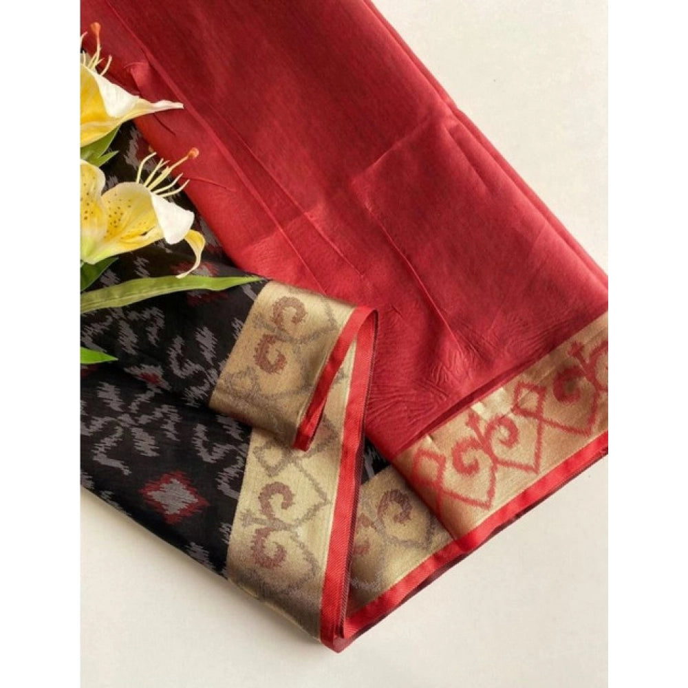 Generic Women's Raw Silk Ikkat Saree With Unstitched Blouse 5.5MtrÂ (Black)