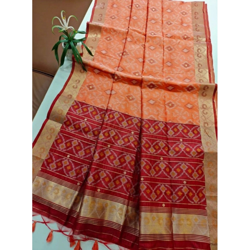 Generic Women's Raw Silk Ikkat Saree With Unstitched Blouse 5.5MtrÂ (Peach)