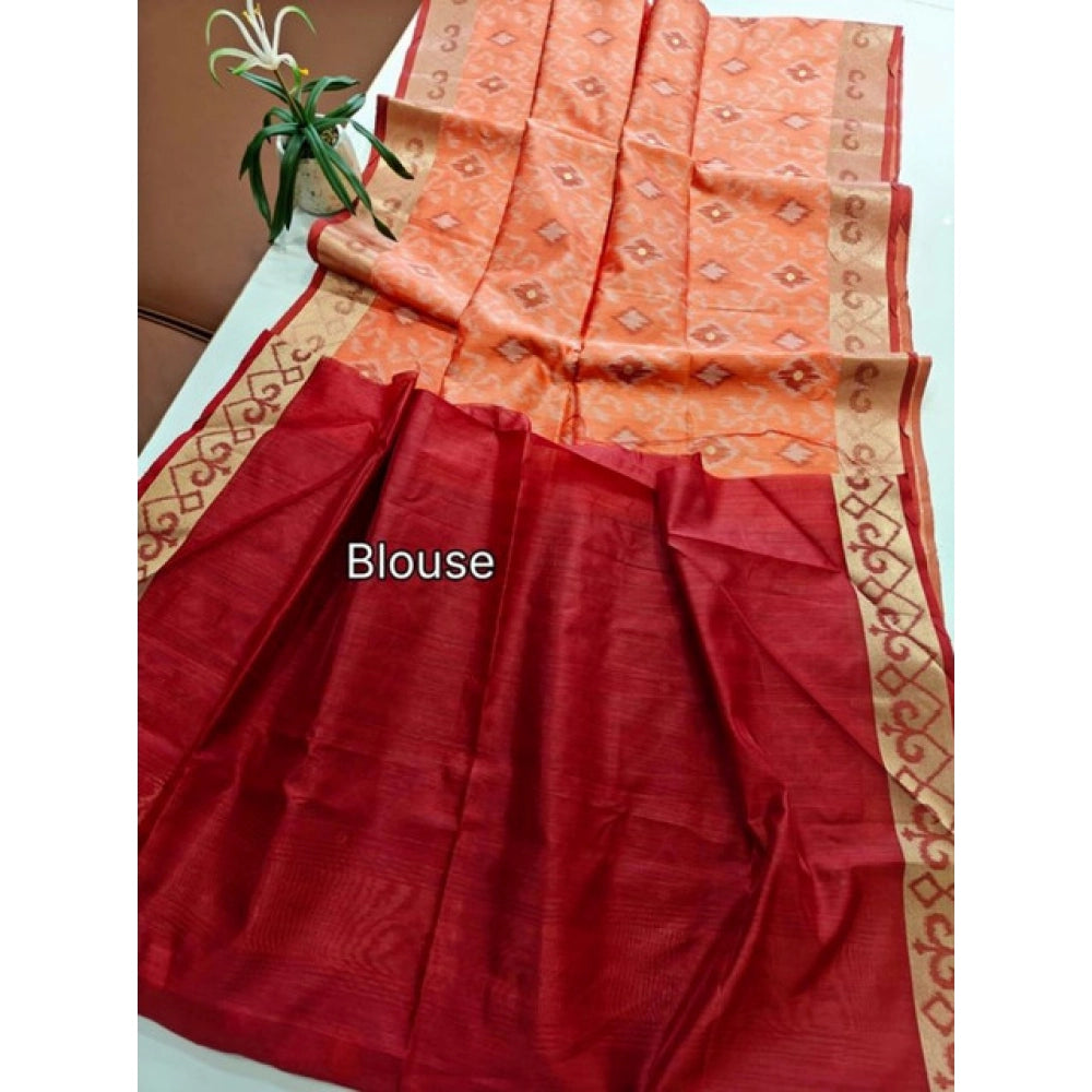 Generic Women's Raw Silk Ikkat Saree With Unstitched Blouse 5.5MtrÂ (Peach)