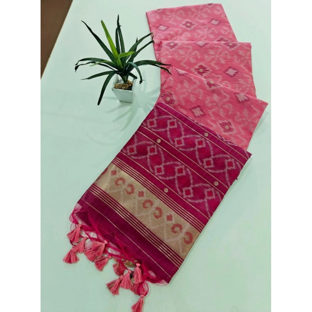 Generic Women's Raw Silk Ikkat Saree With Unstitched Blouse 5.5MtrÂ (Pink)