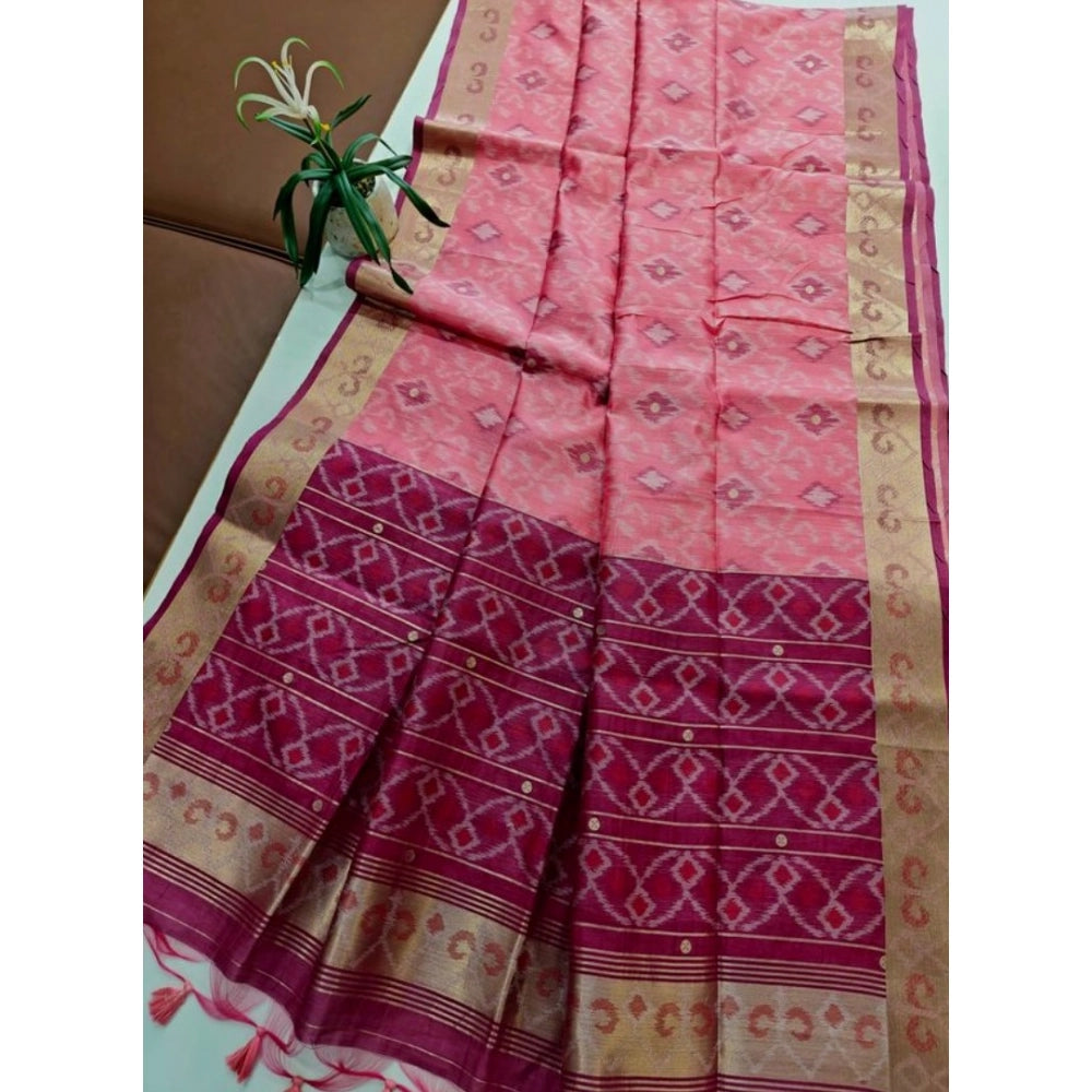 Generic Women's Raw Silk Ikkat Saree With Unstitched Blouse 5.5MtrÂ (Pink)