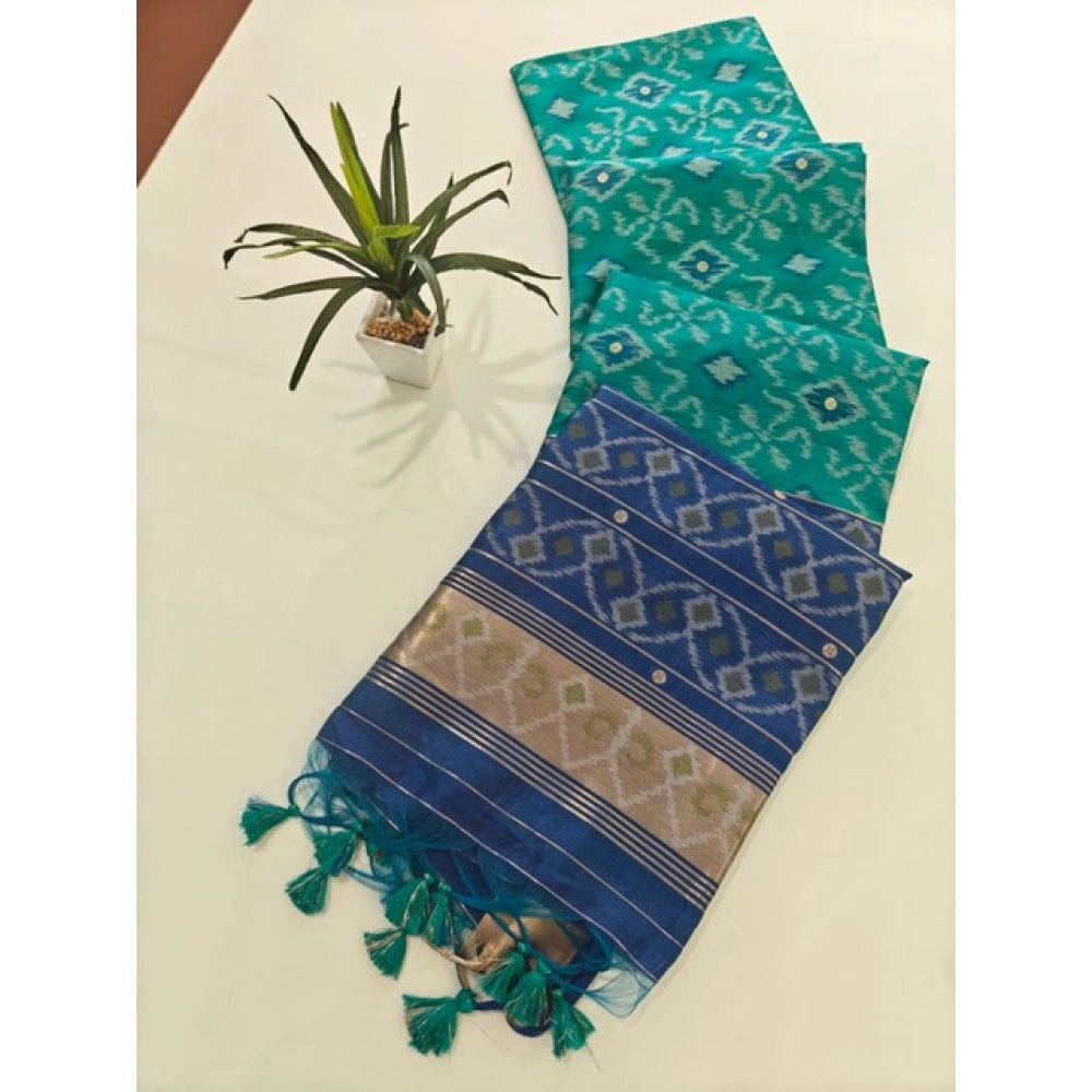 Generic Women's Raw Silk Ikkat Saree With Unstitched Blouse 5.5MtrÂ (Sky Blue)