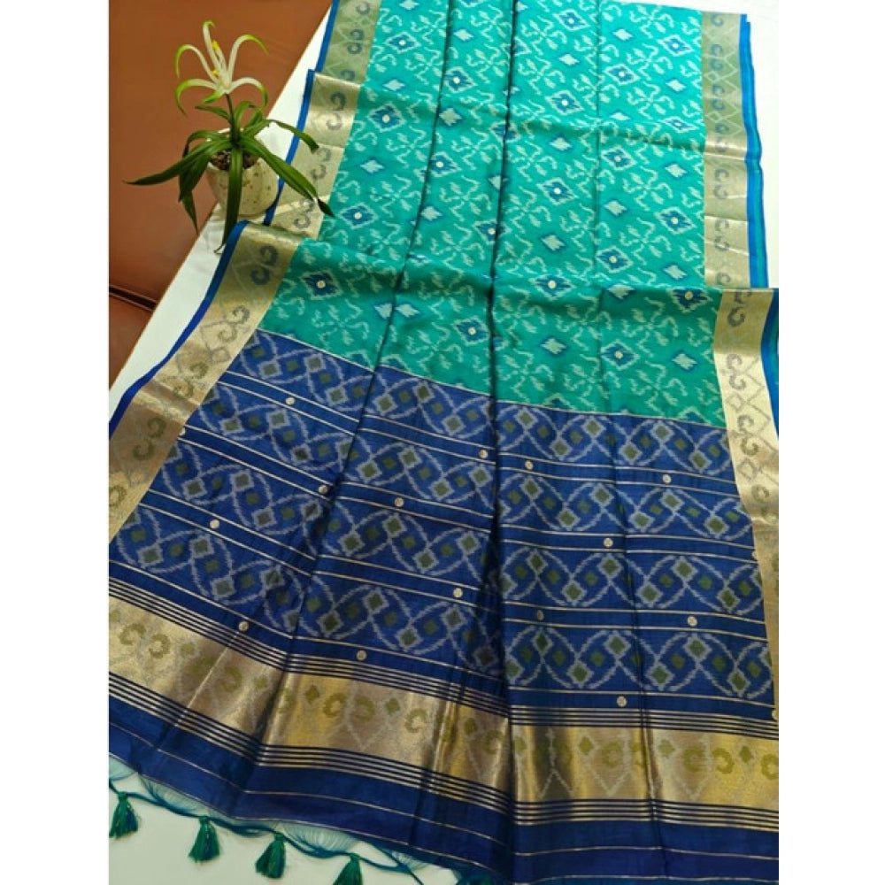 Generic Women's Raw Silk Ikkat Saree With Unstitched Blouse 5.5MtrÂ (Sky Blue)