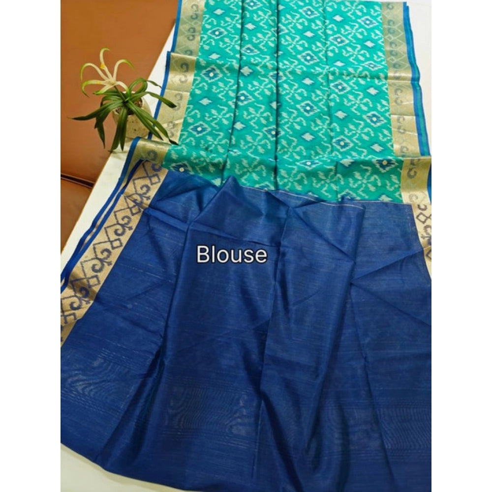 Generic Women's Raw Silk Ikkat Saree With Unstitched Blouse 5.5MtrÂ (Sky Blue)