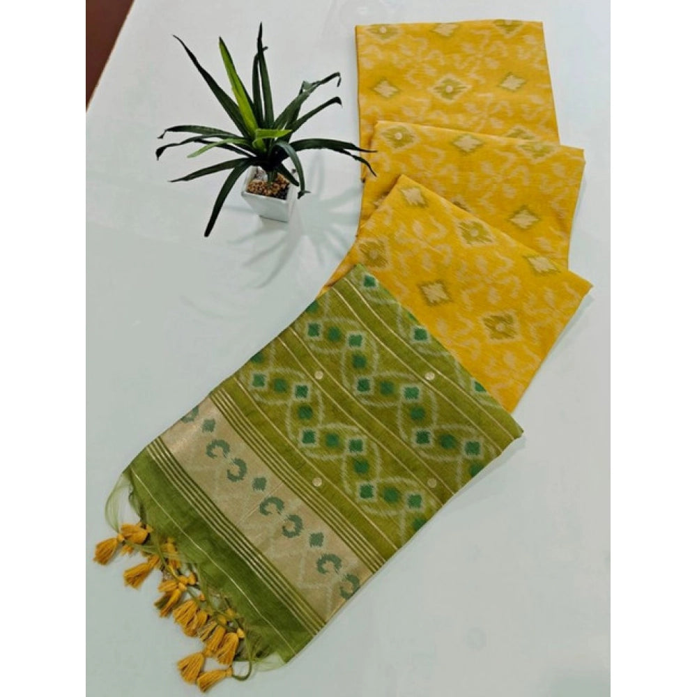 Generic Women's Raw Silk Ikkat Saree With Unstitched Blouse 5.5MtrÂ (Yellow)