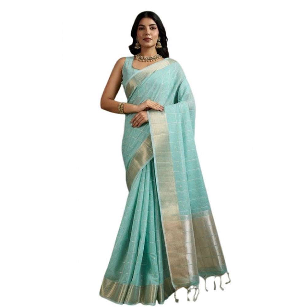 Generic Women's Tissue Checks_With_Buttis Saree With Unstitched Blouse 5.5MtrÂ (Aqua_Blue)
