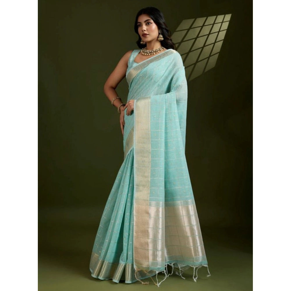Generic Women's Tissue Checks_With_Buttis Saree With Unstitched Blouse 5.5MtrÂ (Aqua_Blue)