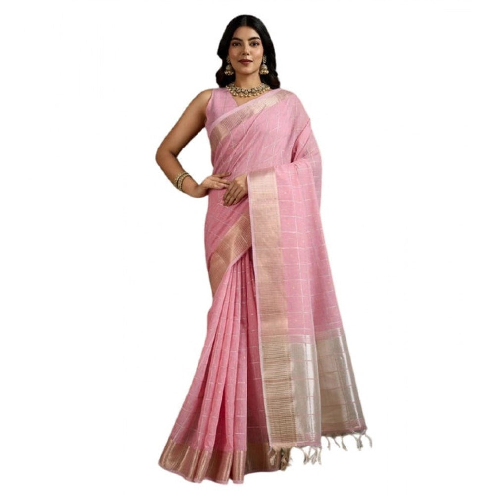 Generic Women's Tissue Checks_With_Buttis Saree With Unstitched Blouse 5.5MtrÂ (Light_Pink)