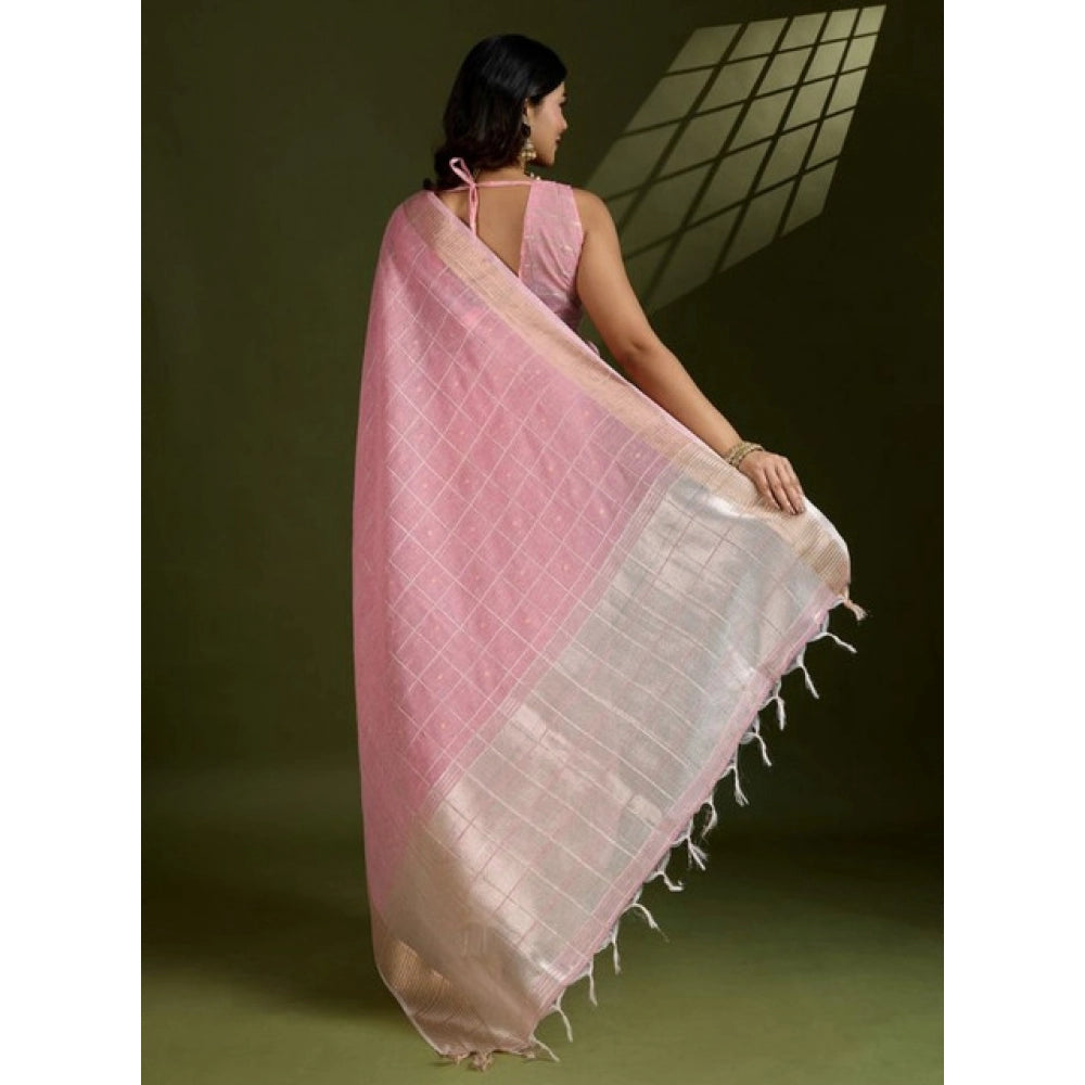 Generic Women's Tissue Checks_With_Buttis Saree With Unstitched Blouse 5.5MtrÂ (Light_Pink)