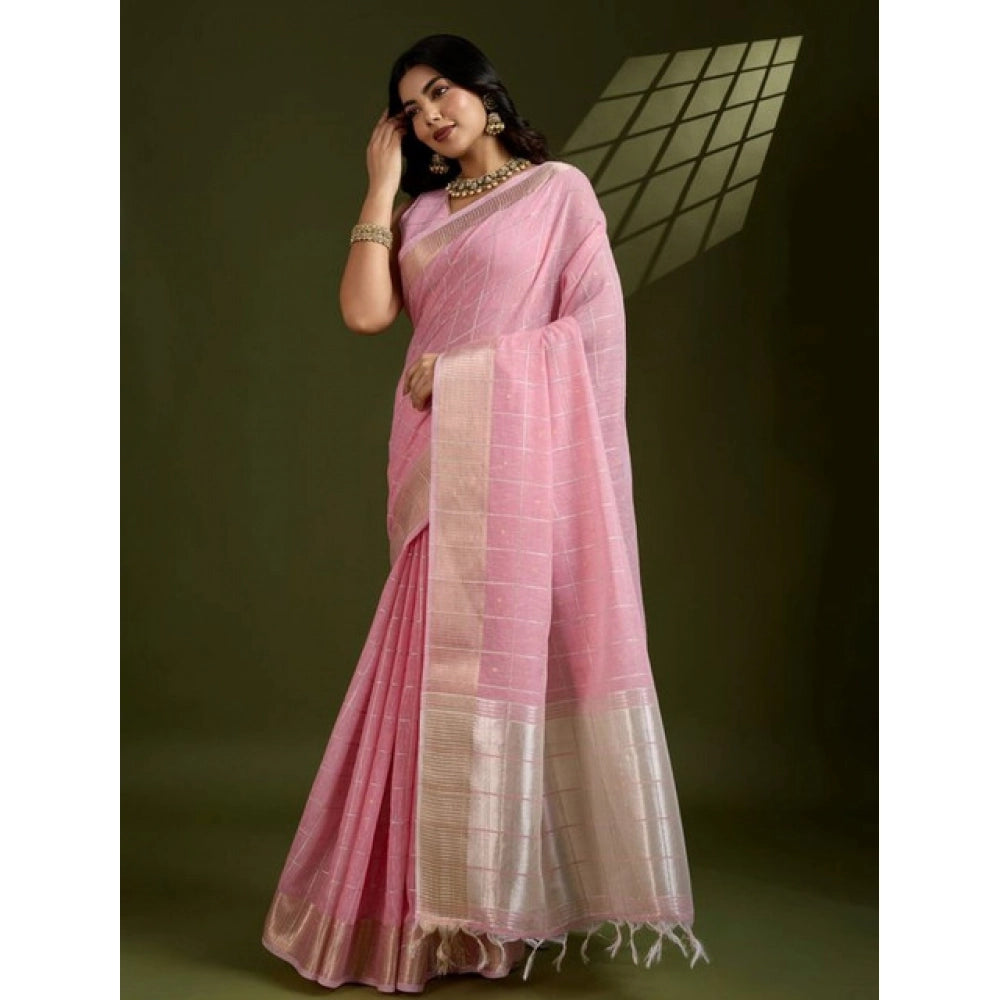 Generic Women's Tissue Checks_With_Buttis Saree With Unstitched Blouse 5.5MtrÂ (Light_Pink)