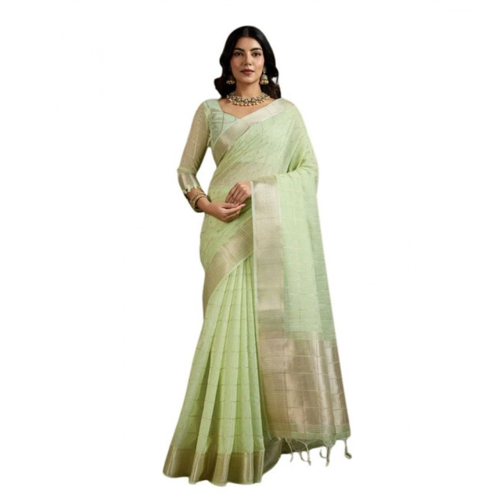 Generic Women's Tissue Checks_With_Buttis Saree With Unstitched Blouse 5.5MtrÂ (Light_Green)
