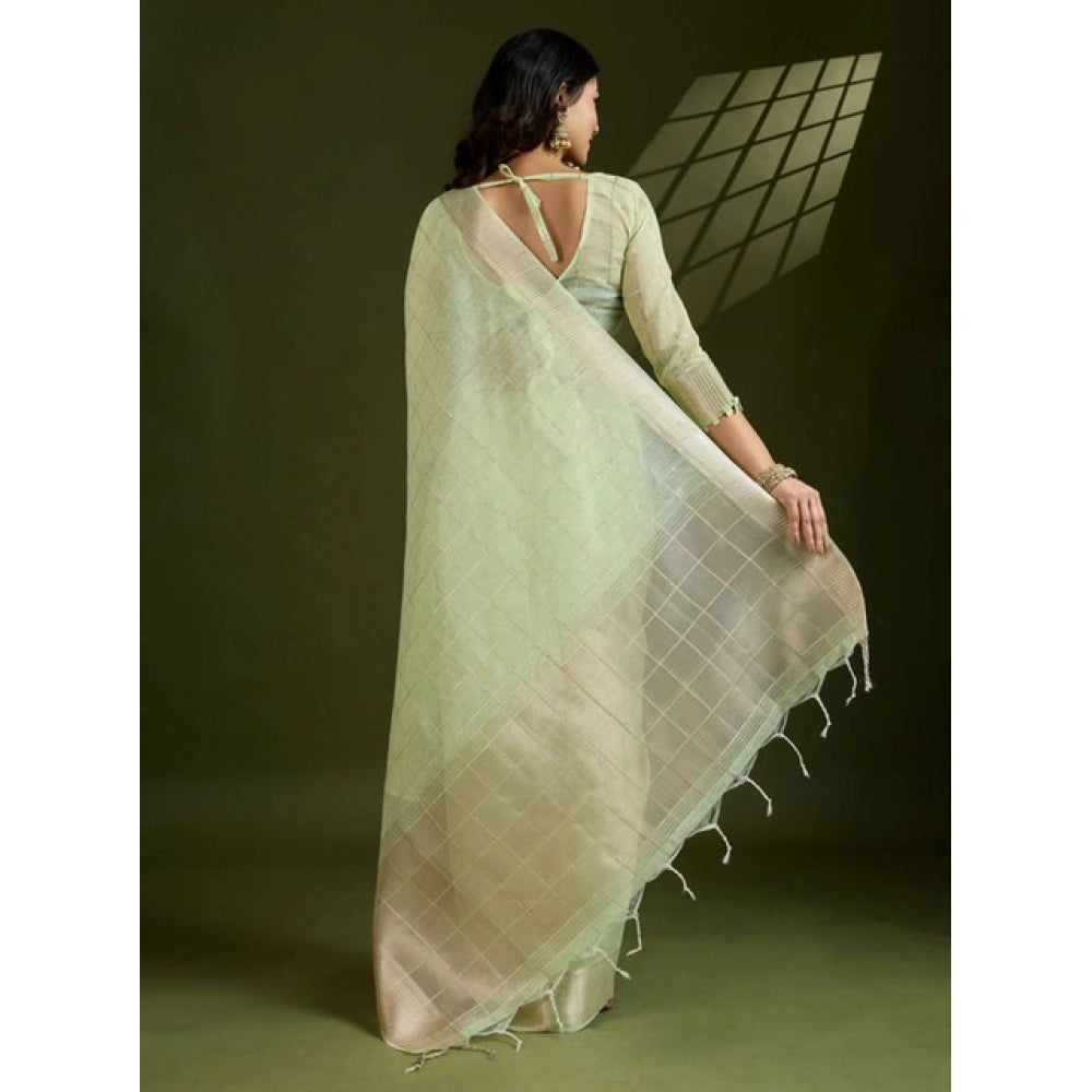 Generic Women's Tissue Checks_With_Buttis Saree With Unstitched Blouse 5.5MtrÂ (Light_Green)