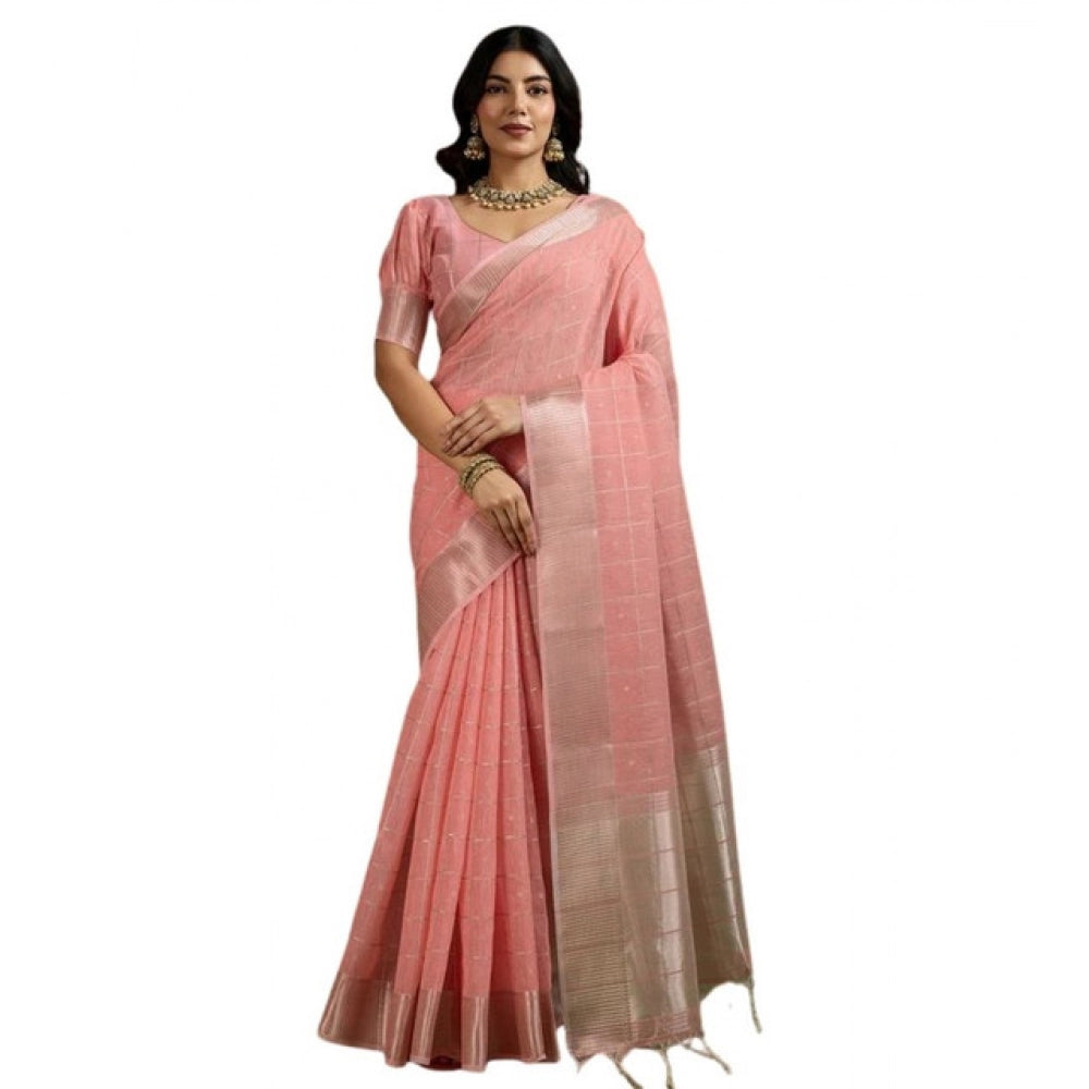 Generic Women's Tissue Checks_With_Buttis Saree With Unstitched Blouse 5.5MtrÂ (Peach)