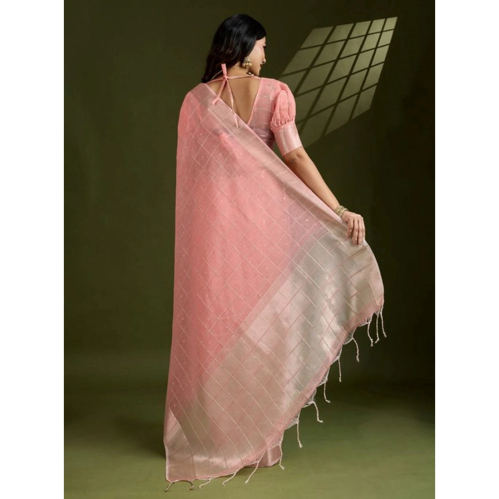 Generic Women's Tissue Checks_With_Buttis Saree With Unstitched Blouse 5.5MtrÂ (Peach)
