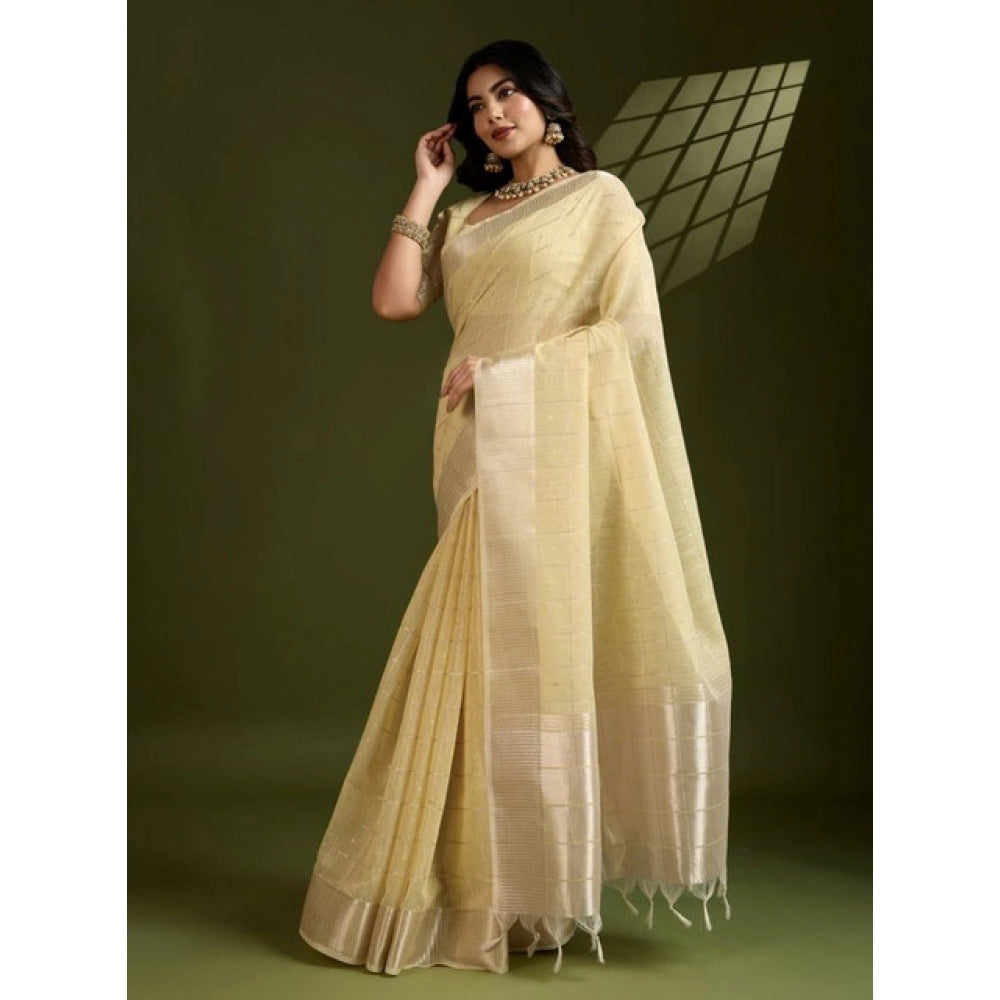 Generic Women's Tissue Checks_With_Buttis Saree With Unstitched Blouse 5.5MtrÂ (Yellow)