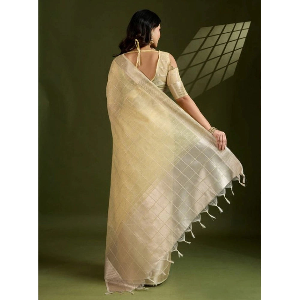 Generic Women's Tissue Checks_With_Buttis Saree With Unstitched Blouse 5.5MtrÂ (Yellow)