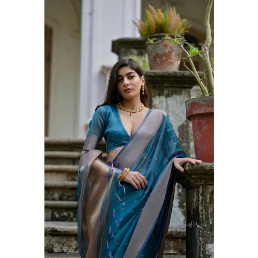 Generic Women's Silk_Blend Butti Pattern Saree With Unstitched Blouse 5.5MtrÂ (Teal)