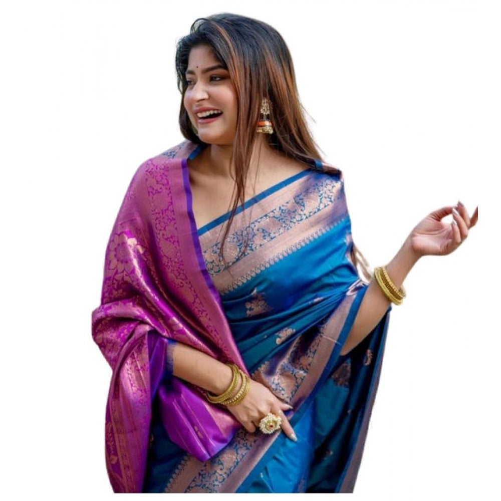 Generic Women's Katan_Silk Zari_Weaving Saree With Unstitched Blouse 5.5MtrÂ (Blue)