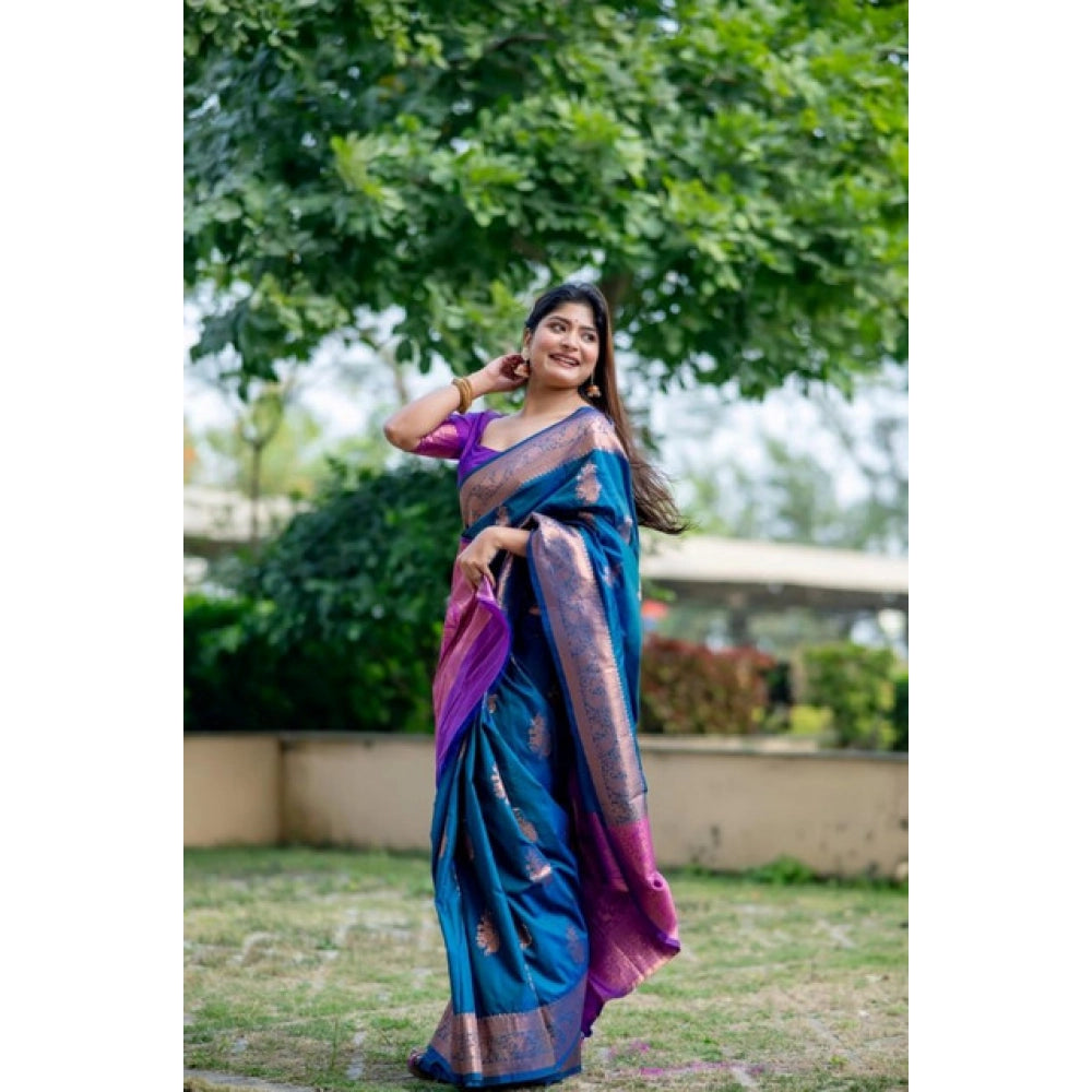 Generic Women's Katan_Silk Zari_Weaving Saree With Unstitched Blouse 5.5MtrÂ (Blue)