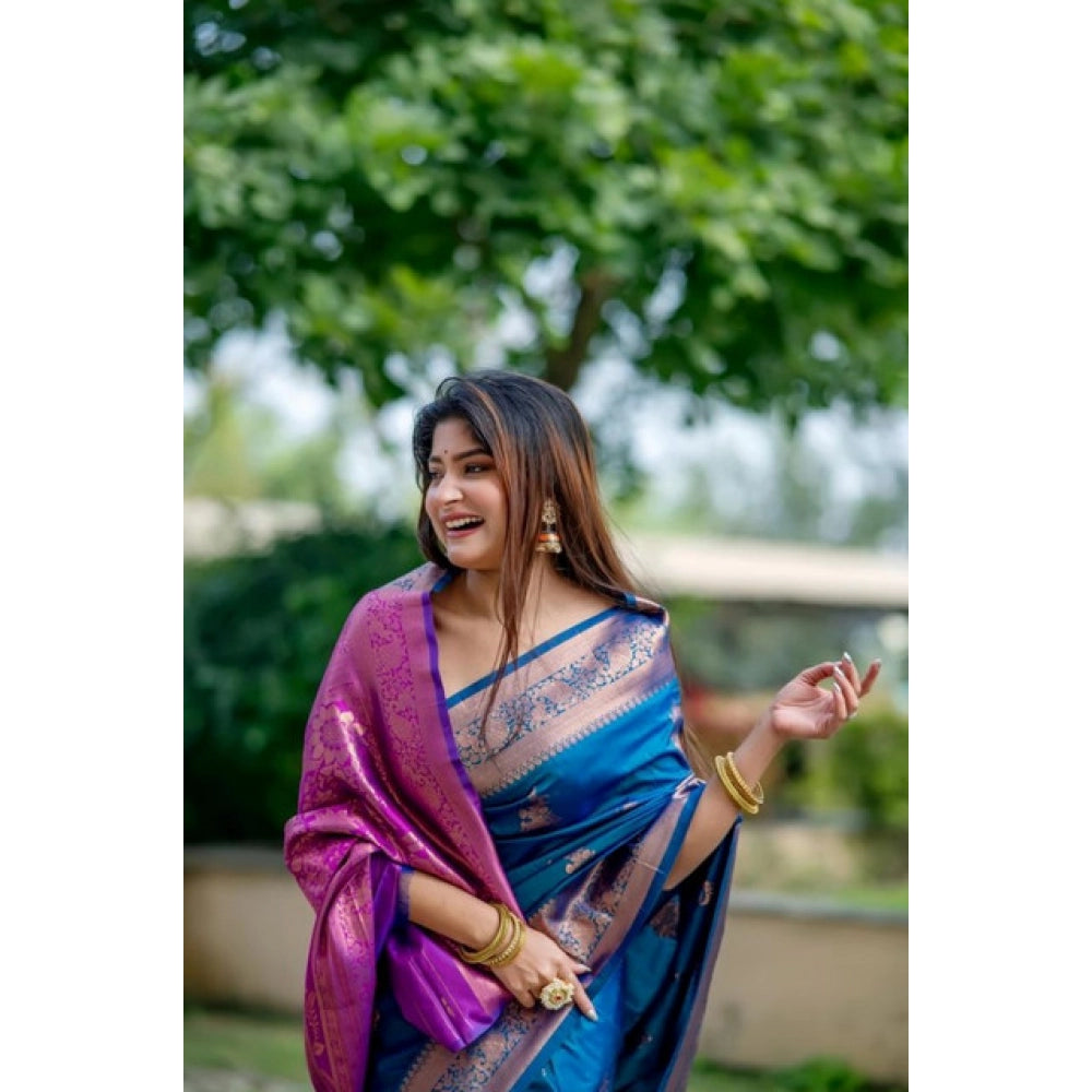 Generic Women's Katan_Silk Zari_Weaving Saree With Unstitched Blouse 5.5MtrÂ (Blue)