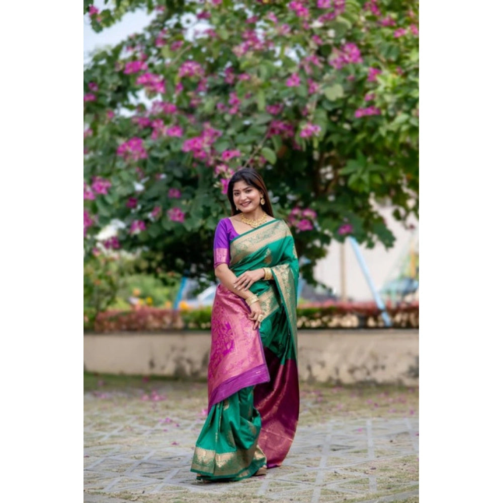 Generic Women's Katan_Silk Zari_Weaving Saree With Unstitched Blouse 5.5MtrÂ (Dark_Green)