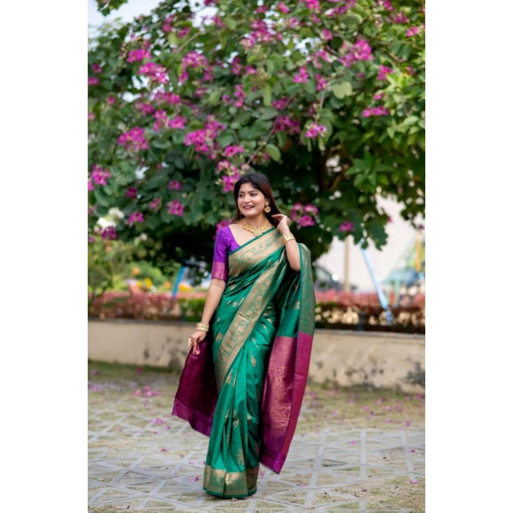 Generic Women's Katan_Silk Zari_Weaving Saree With Unstitched Blouse 5.5MtrÂ (Dark_Green)