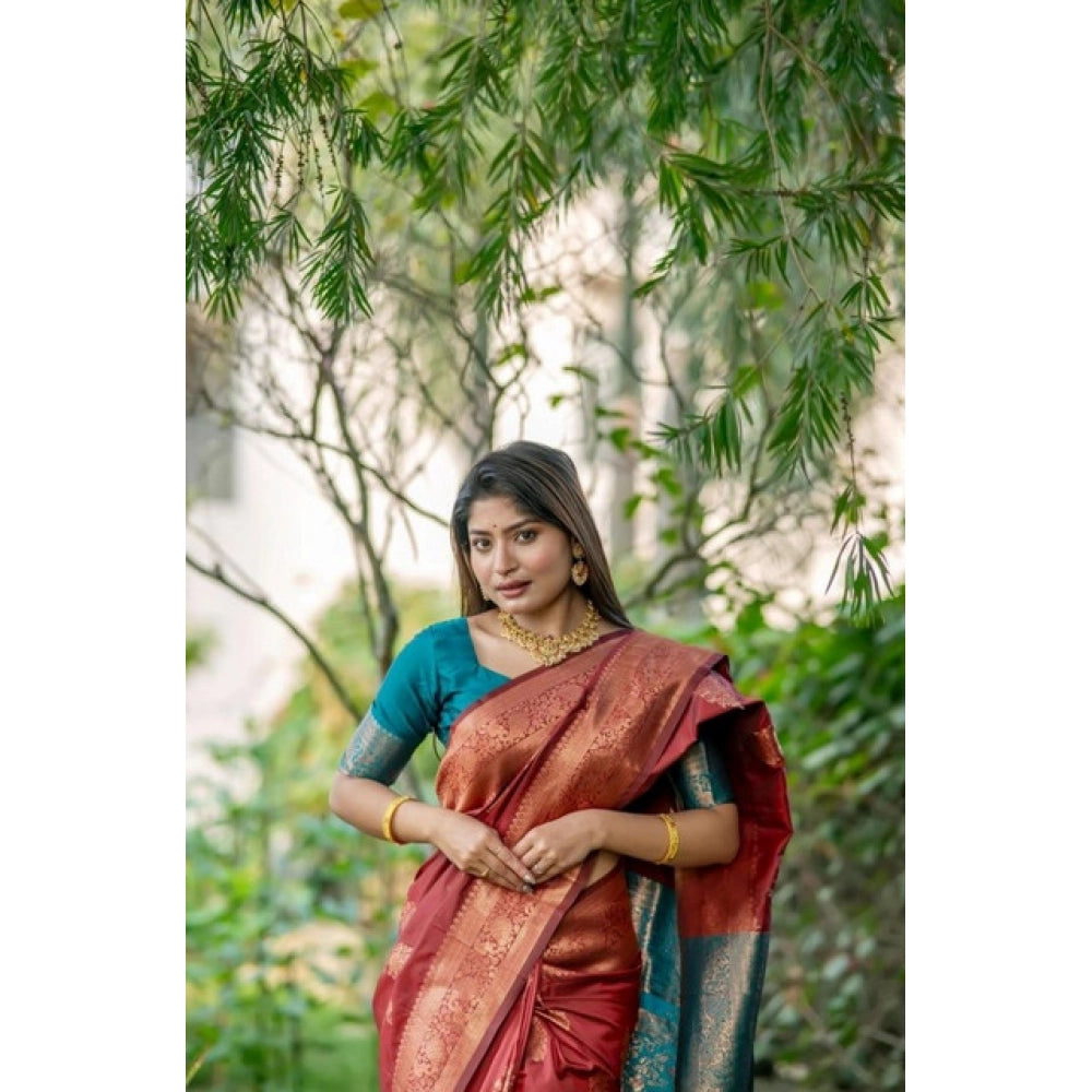 Generic Women's Katan_Silk Zari_Weaving Saree With Unstitched Blouse 5.5MtrÂ (Maroon)