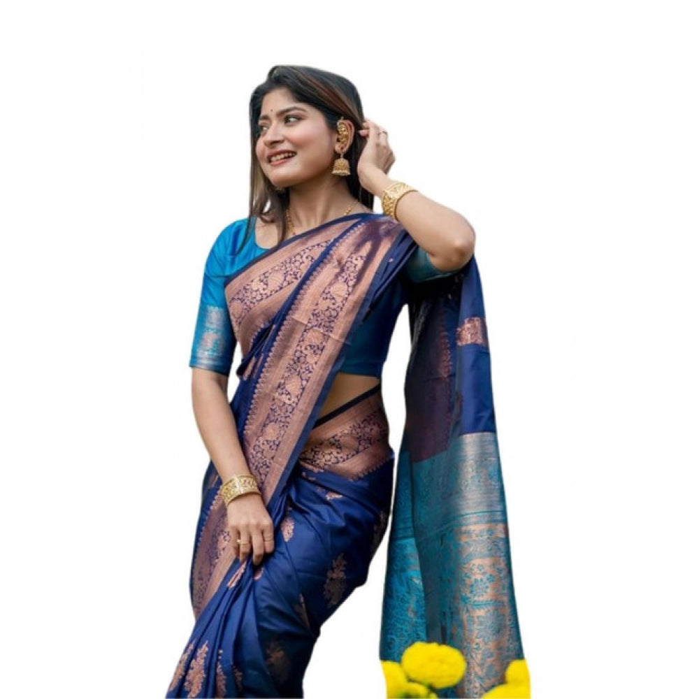 Generic Women's Katan_Silk Zari_Weaving Saree With Unstitched Blouse 5.5MtrÂ (Navy_Blue)