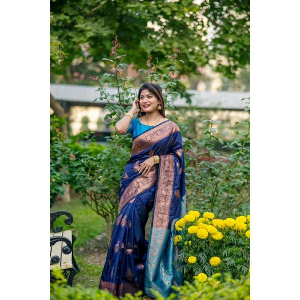 Generic Women's Katan_Silk Zari_Weaving Saree With Unstitched Blouse 5.5MtrÂ (Navy_Blue)