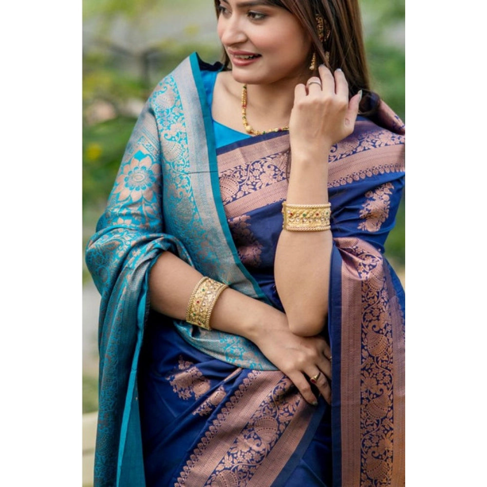 Generic Women's Katan_Silk Zari_Weaving Saree With Unstitched Blouse 5.5MtrÂ (Navy_Blue)