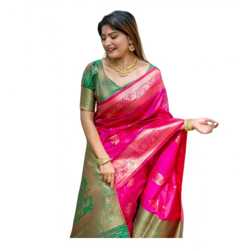 Generic Women's Katan_Silk Zari_Weaving Saree With Unstitched Blouse 5.5MtrÂ (Pink)
