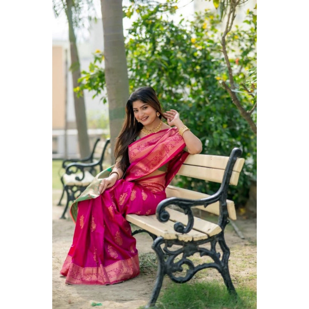Generic Women's Katan_Silk Zari_Weaving Saree With Unstitched Blouse 5.5MtrÂ (Pink)