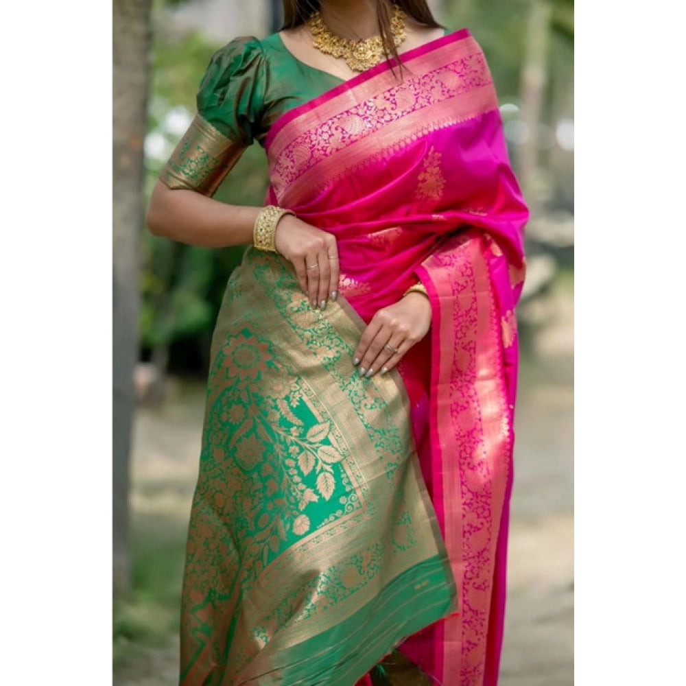 Generic Women's Katan_Silk Zari_Weaving Saree With Unstitched Blouse 5.5MtrÂ (Pink)